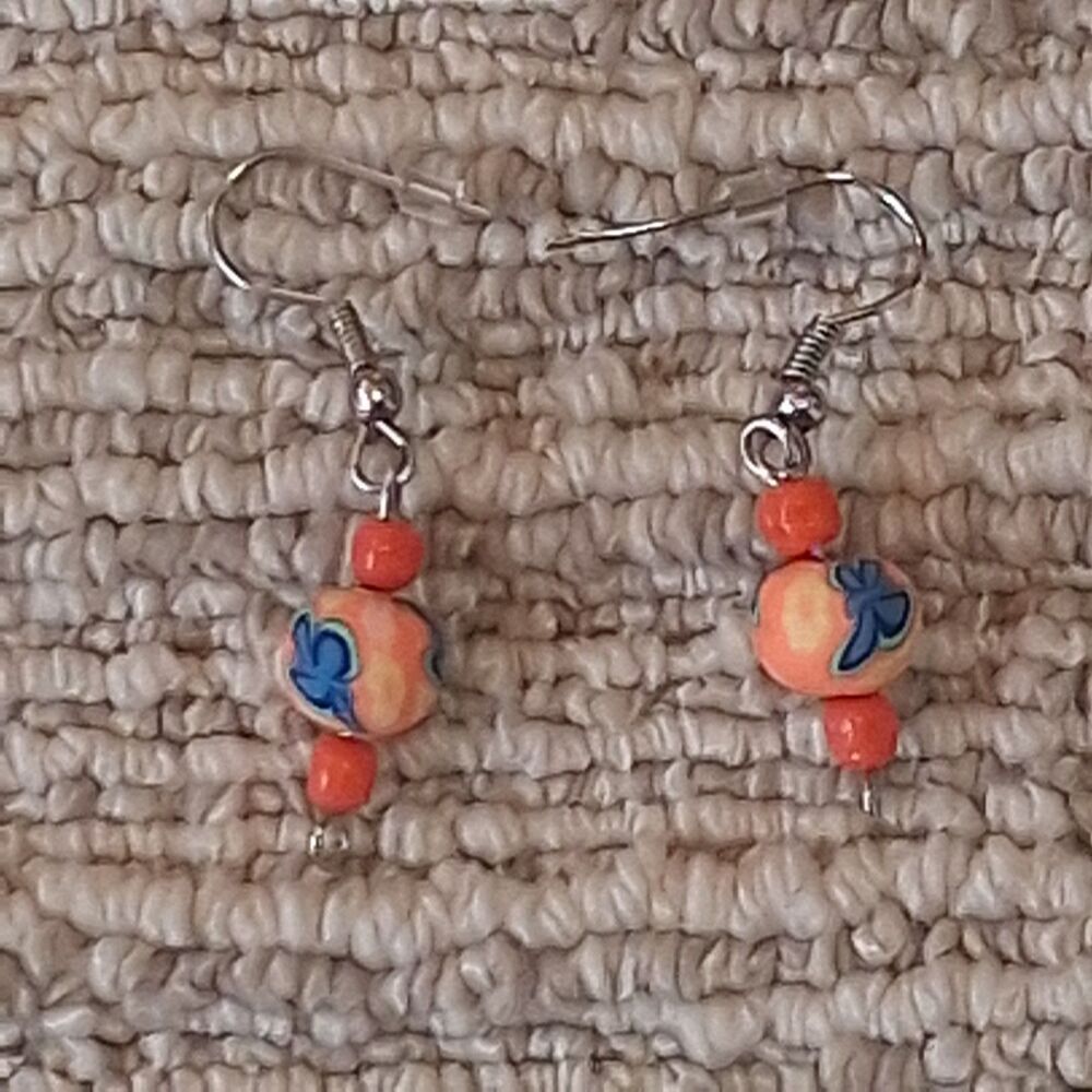 Vintage Polymer Clay Bead Dangle Earrings Butterfly Orange Peach Coral Floral...